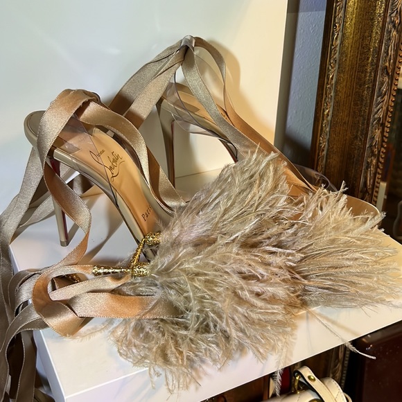Louboutin Marie Edwina 100 Nude stilettos ribbon ostrich feathers pvc naked  1 - Picture 10 of 14